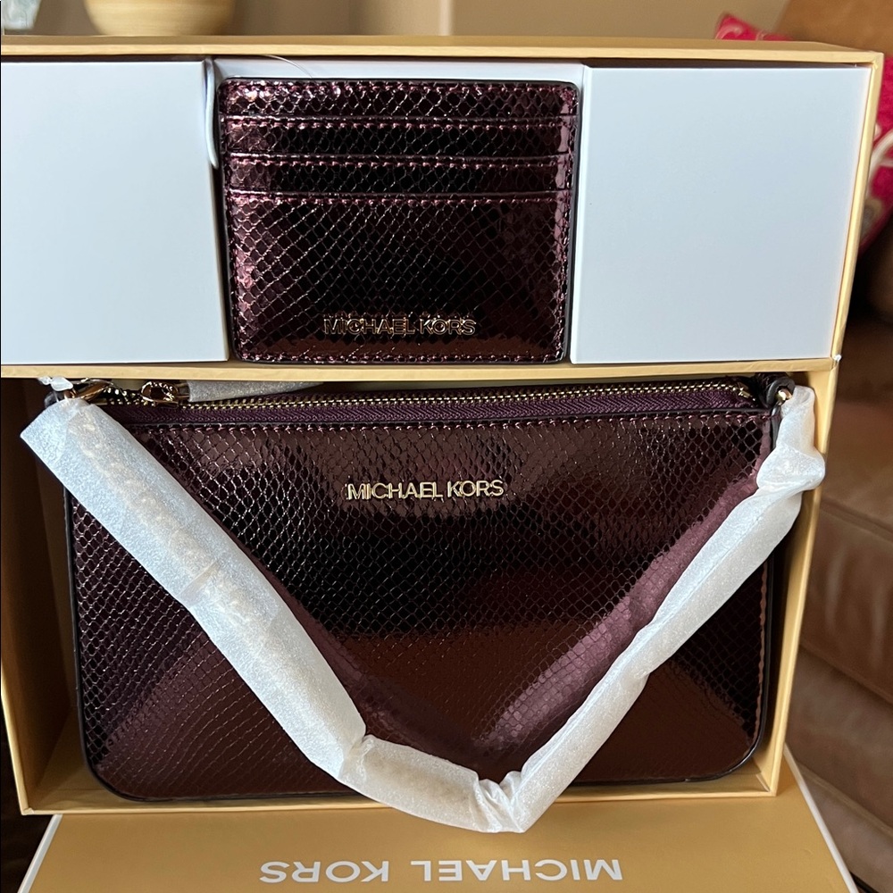 Michael Kors Deep Red Snakeskin Clutch and Cardholder